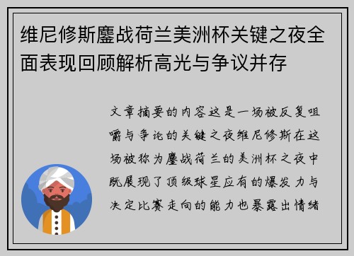 维尼修斯鏖战荷兰美洲杯关键之夜全面表现回顾解析高光与争议并存