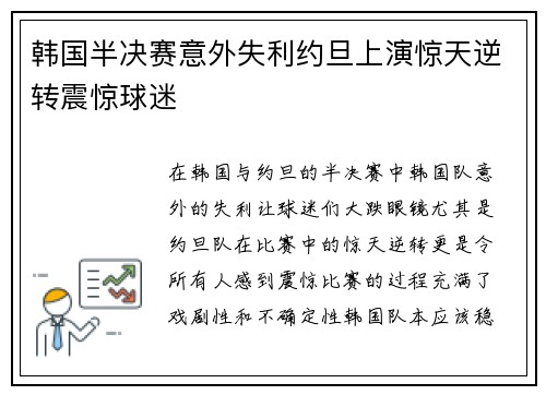韩国半决赛意外失利约旦上演惊天逆转震惊球迷